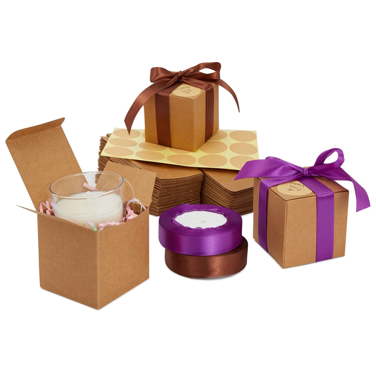 50-Pack Brown Kraft Paper Gift Boxes, 3x3x3-Inch Boxes for Party Favors  with 2 Rolls of 72-foot x 0.75-Inch Satin Ribbon in 2 Colors with 50 Round  Gold 1.5-Inch Stickers